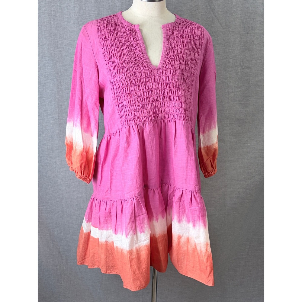 Sachin & Babi Pink Orange Dip Dye‎ Smocked Tiered Cotton Mini Dress Resort M